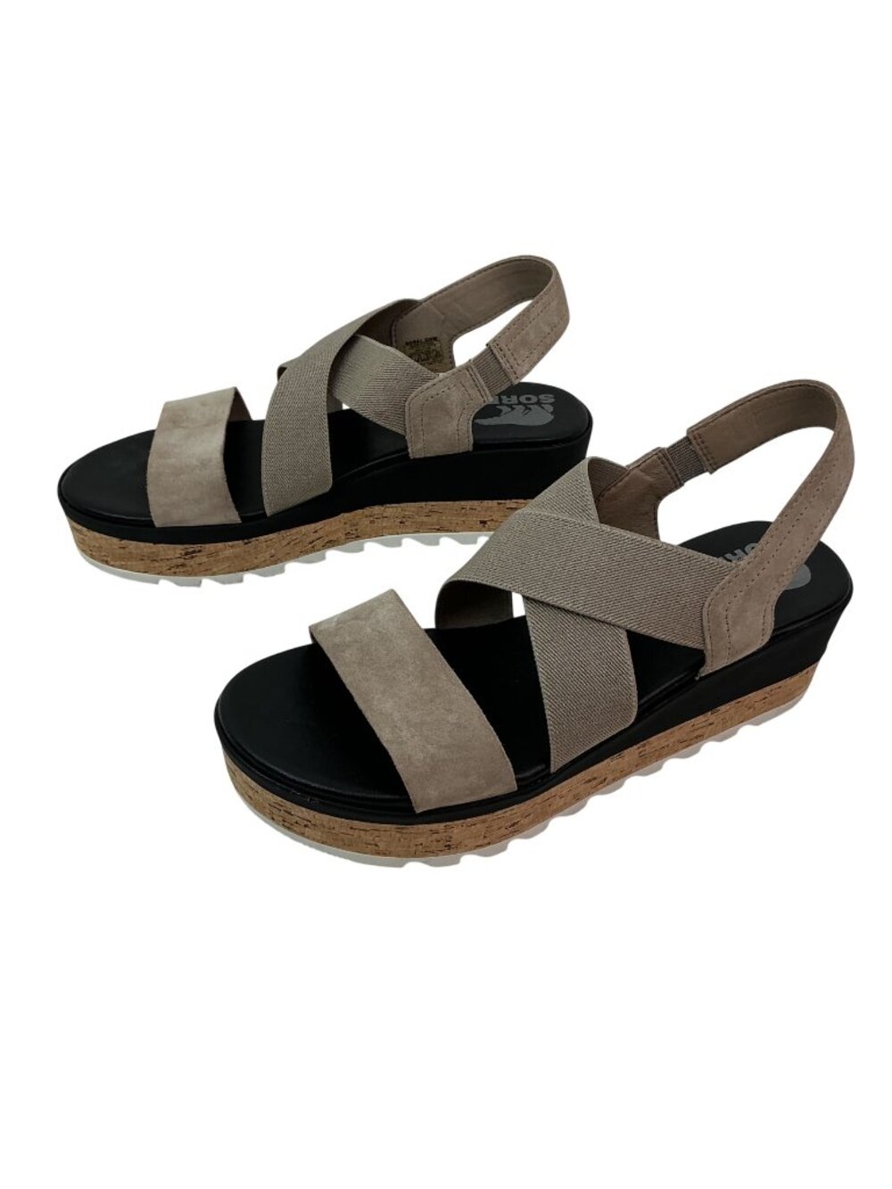 New Sorel Cameron Platform Slingback Suede Sandals Womens 8.5 Tan Black